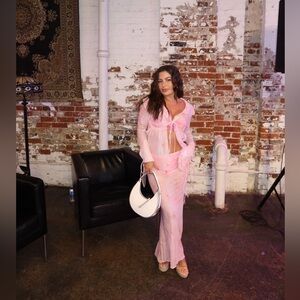 Pink Ruffle V-Neck Tie-Front Women's Top & matching Skirt